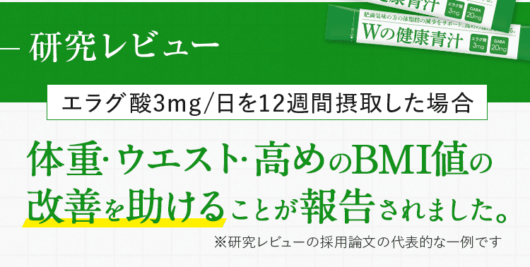 研究レビュー エラグ酸3mg/日を12週間摂取した場合 体重・ウエスト・高めのBMI値の改善を助けることが報告されました。